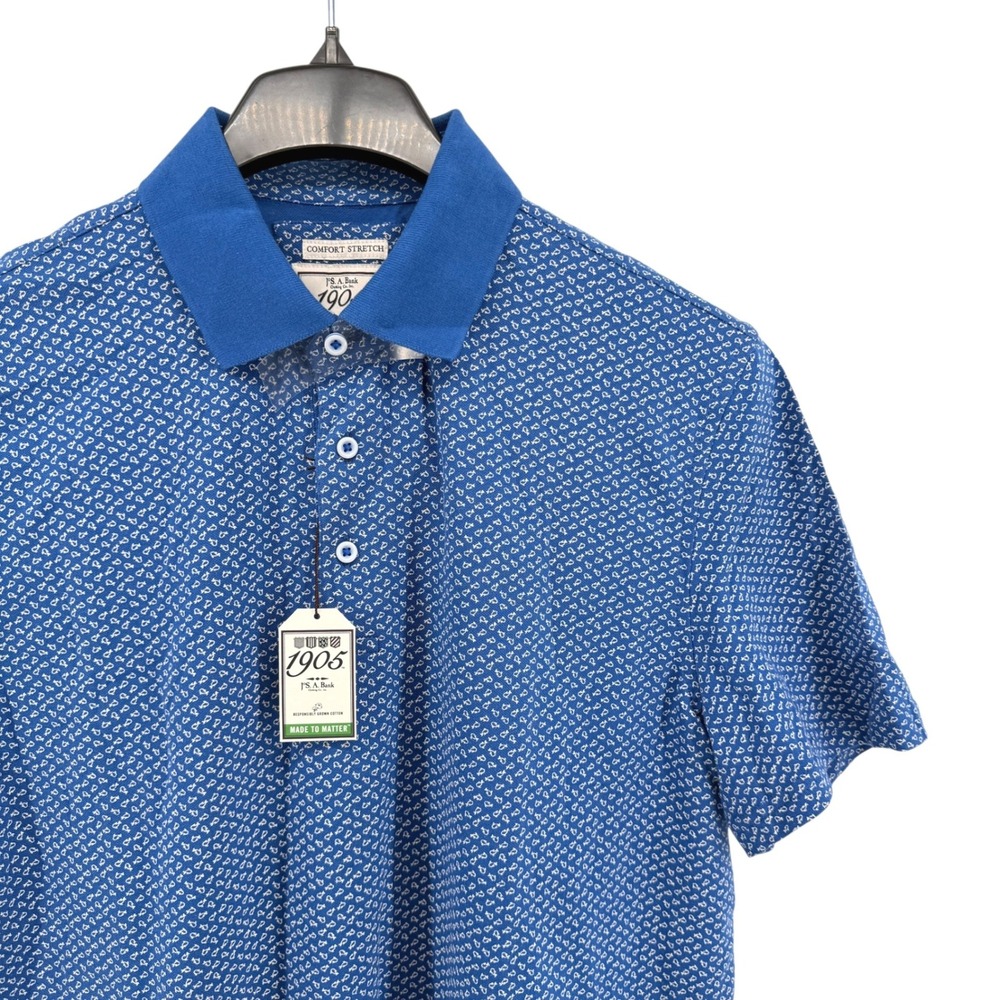 NEW Jos. A. Bank Polo Shirt Mens Large Polo Blue Fish Print Tailored Fit Stretch
